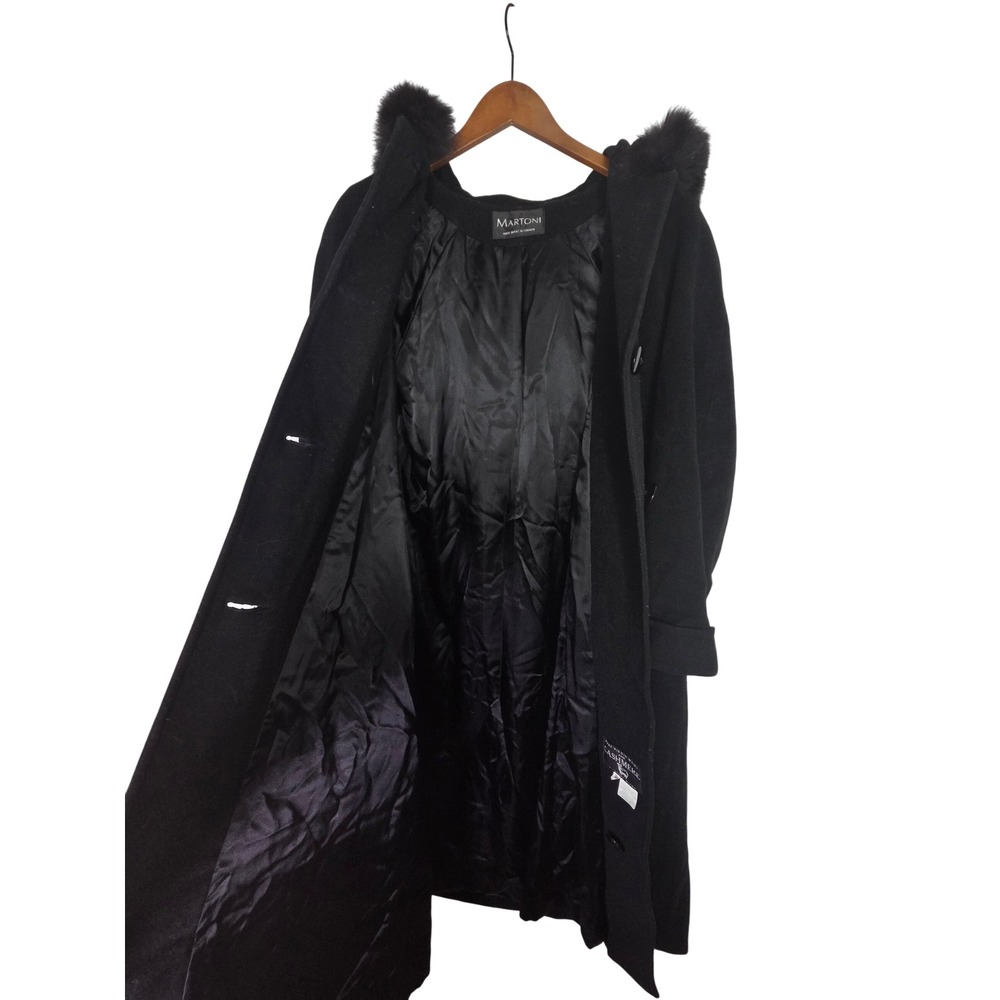 Martoni Black Wool Cashmere‎ Blend Hooded Fur Trim Long Overcoat Coat Size 10 - Picture 8 of 11